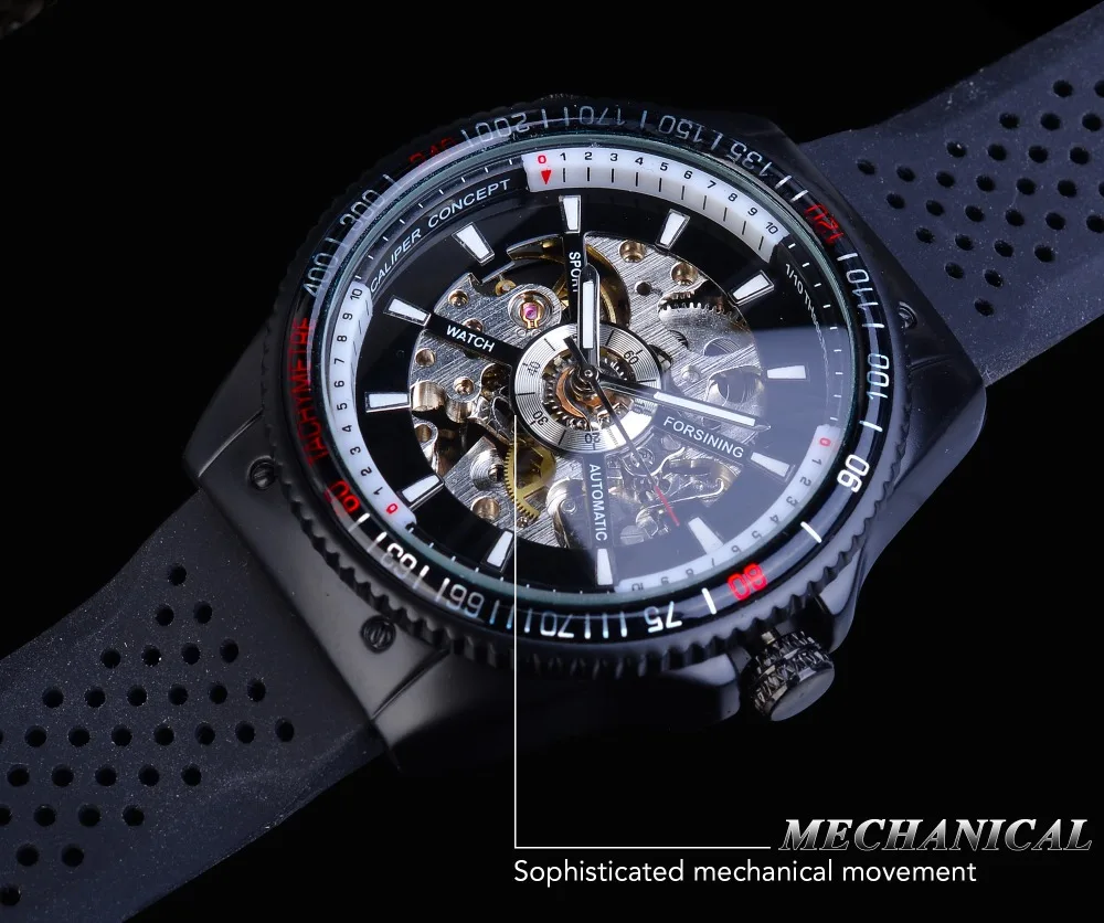 Forsining вращающийся ободок спортивный дизайн силиконовый ремешок мужские часы лучший бренд класса люкс автоматические черные модные повседневные часы