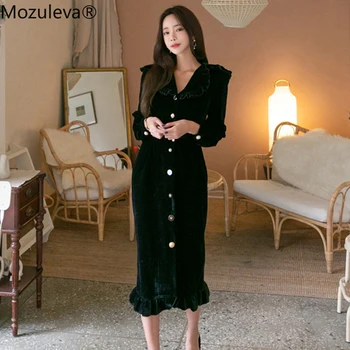 

Mozuleva Vintage Single Breasted Velvet Women Long Dress Turn-down Collar Ruffles Female Vestidos Female Slim Waist Winter Dress