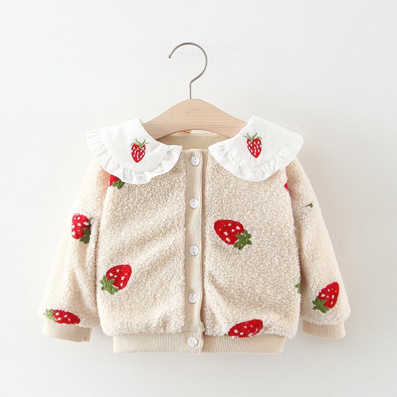beige Модное зимнее пальто принцессы; бархатные плотные теплые куртки для малышей; пальто для маленьких девочек с принтом клубники; Верхняя одежда для малышей - Цвет: beige