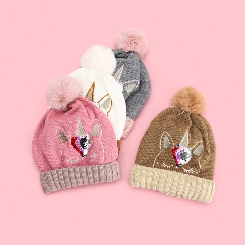 Unicorn Sequin Knitted Wool Beanie Hat