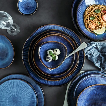 

Creative Tableware Klin Glaze Blue Color ceramic Plate Home Flat Plate Deep Steak Dish Bowls Breakfast Dinner Dishes And Plates