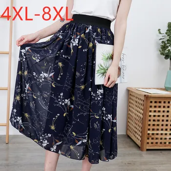 

New 2020 summer plus size long skirt for women large casual loose black floral print chiffon pleated skirts 4XL 5XL 6XL 7XL 8XL