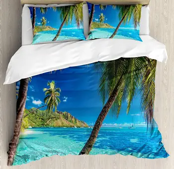 

Ocean Duvet Cover Set Image of a Tropical Island with The Palm Trees and Clear Sea Beach Theme Print Decorative 3 Piece Bedding