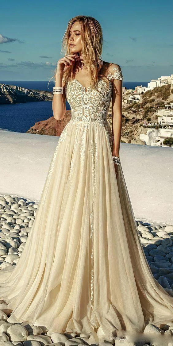 Bohemian Wedding Dresses Jewel Appliqued Lace Boho Bridal Dress Capped Sleeve Button Back Sweep Train Wedding Gowns