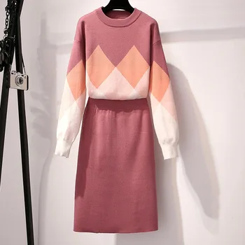 

New arrival 2020 fall sweater Casual Elegant Knitted pullover Coat Top + high waist knit skirts 2 piece Set brand women clothes