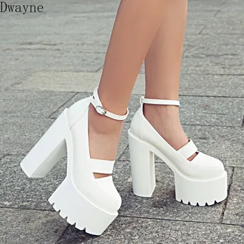 

15cm Super High Heels 2018 Autumn New Occident High Heel Single Shoes Thick With Women's Shoes White Buckle Strap Martin Shoes