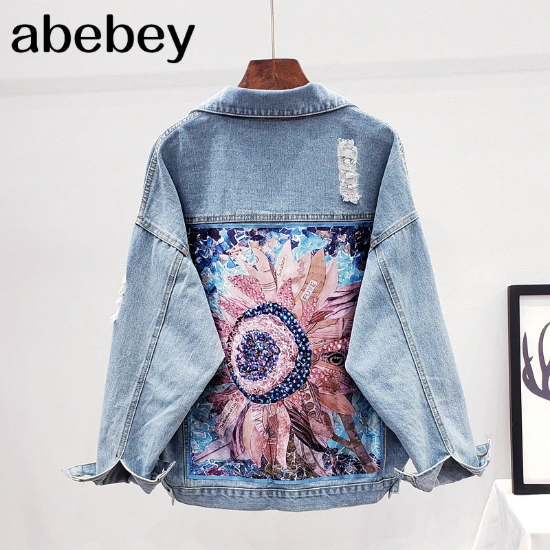 Ropa Estilo informal Mujer Denim chaqueta abrigo diamantes agujero vaqueros BF prendas de vestir Mujer primavera otoño Casual suelto vaquero prendas de vestir