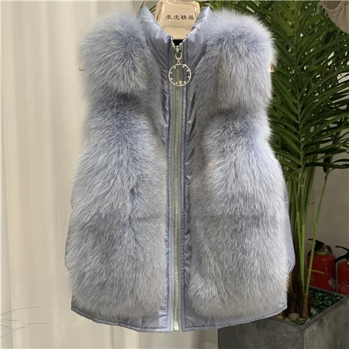 Blue Теплый меховой жилет женский зимний Повседневный настоящий шубка на меху без рукавов короткий Стильный жилет на молнии женский жилет с лисьим мехом - Цвет: Blue