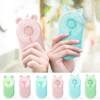 

Mini Air Fan Cute Cartoon Handheld USB Rechargeable Fans LED Light Portable Air Cooling Fan Mini Ventilador Desk Stand Fan