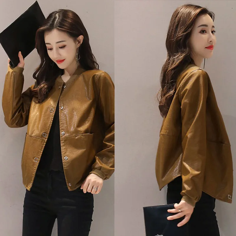 

2019Spring Autumn Women Retro Jacket Haining Loose Ladies Short Size Large Size PU Leather Motorcycle Female Leather JacketAA131