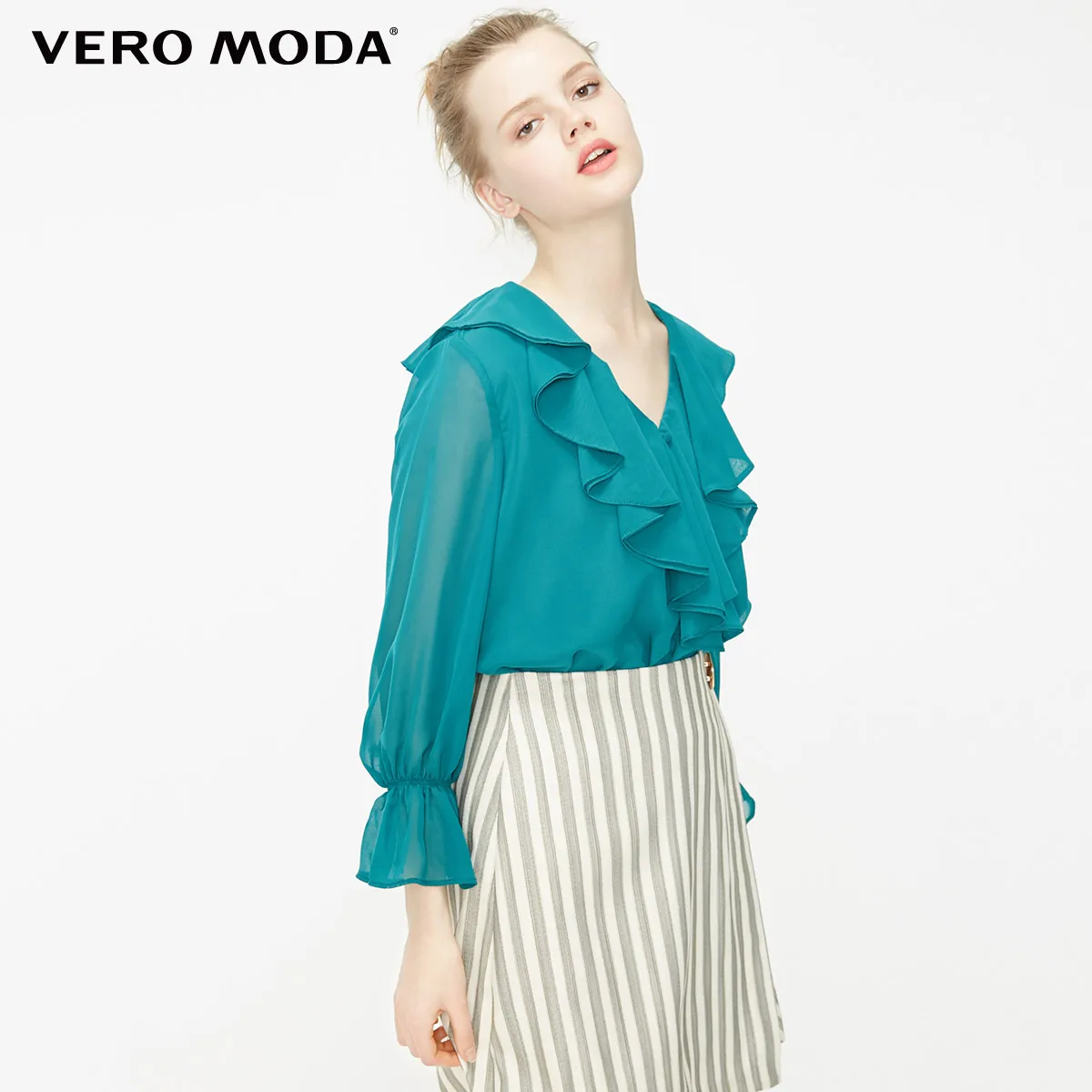 Vero Moda женская шифоновая рубашка с расклешенным воротником | 319231530 - Цвет: Emerald green