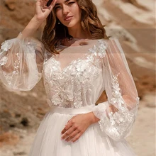 

HAMMAH Boho Vestido De Novia Lace See Through Modest O-neckline Long Puffy Sleeves Appliqued Backless A-line Wedding Dress