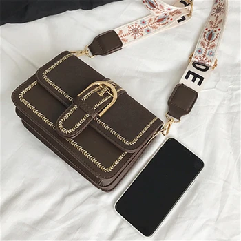 

Vintage Mini Bag Women Square Messenger Satchels Wide Strap Design Female Phone Purse Patchwork Leather Crossbody Shoulder Bags