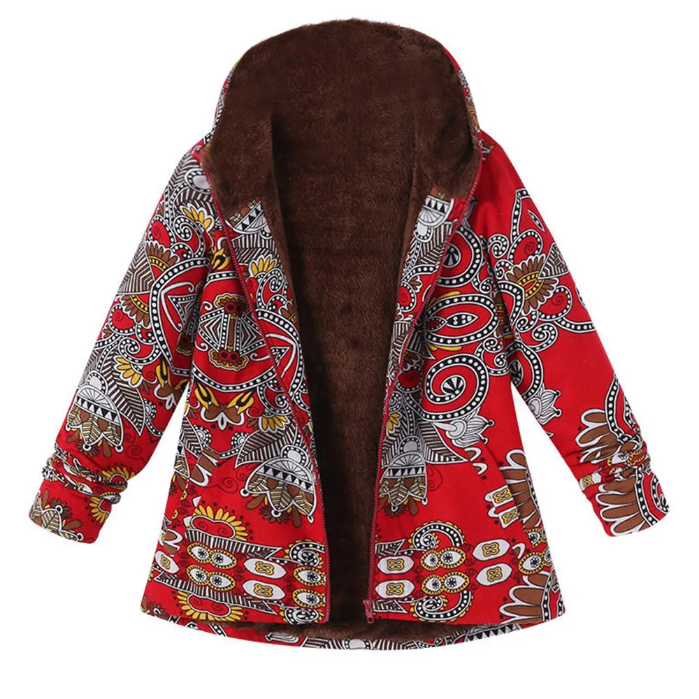 

Tideest Design Printed Fashion WoMen Warm Coat Fleece Fur Hooded Overcoat Female Zipper Thin Jackets Coats Plus Size