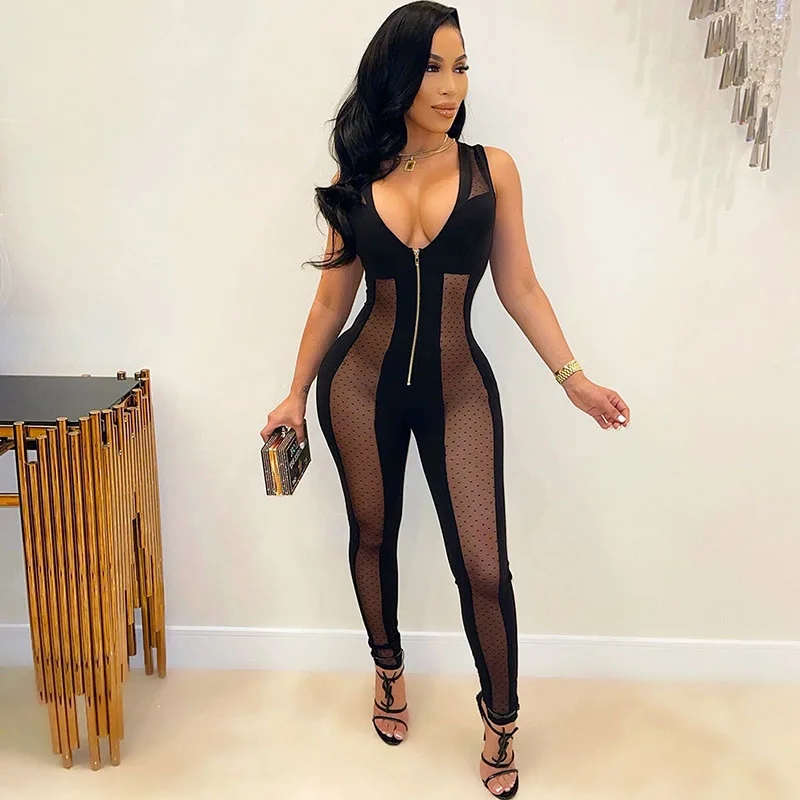

Sexy Mesh Dot Sheer Jumpsuit Women Sleeveless Zipper V-neck Skinny Rompers Womens Jumpsuits Night Clubwear One Piece Outfits