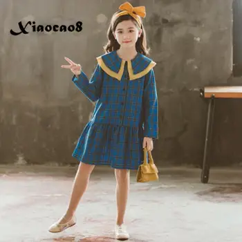 

Big girls dresses 2019 Autumn kids long sleeve dress girl blue plaid fall dresses 6~16 Years children princess dress clothing