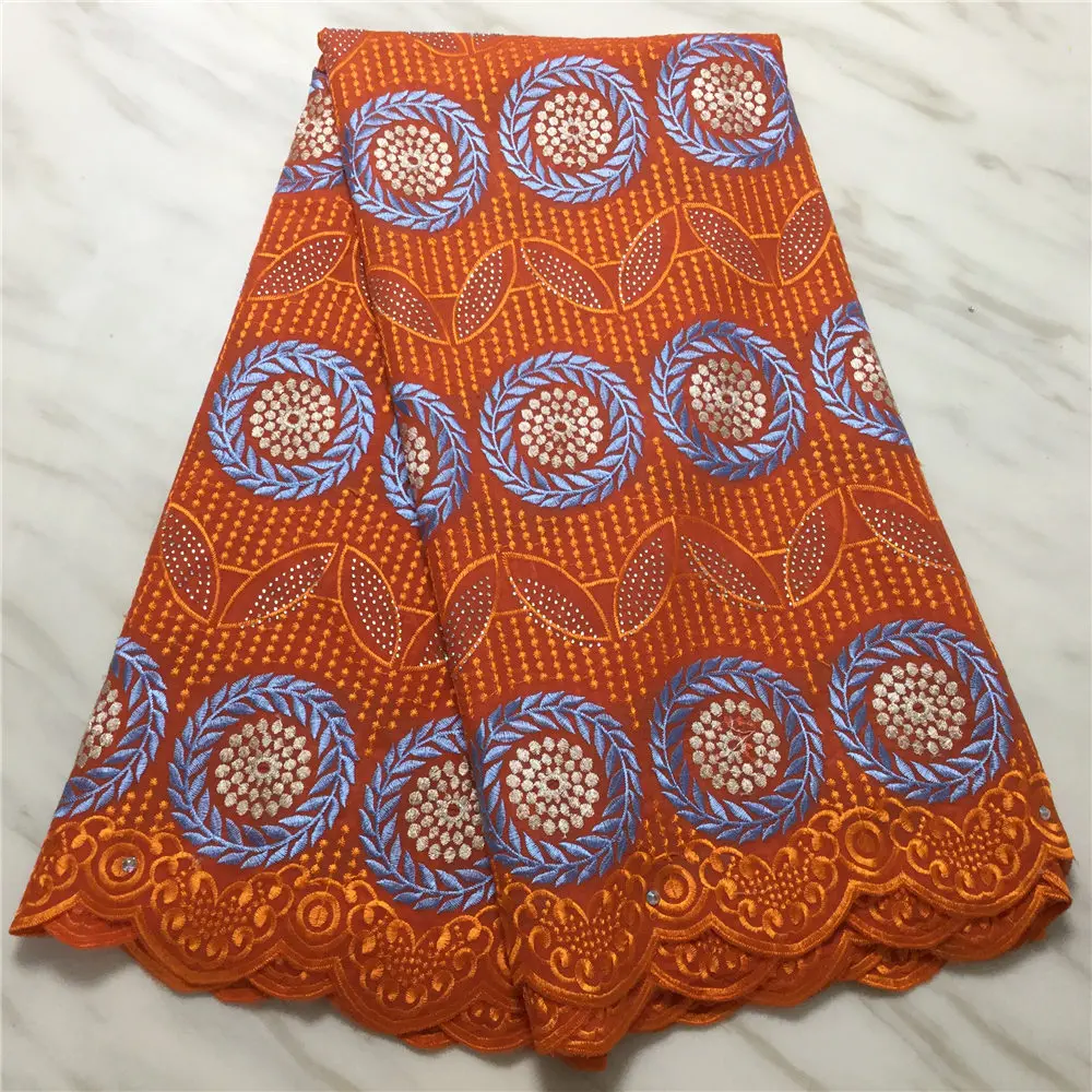 

Hot Selling High quality Orange Cotton Lace african Swiss Voile Lace Fabric With Stones Nigeria Wedding Fabric