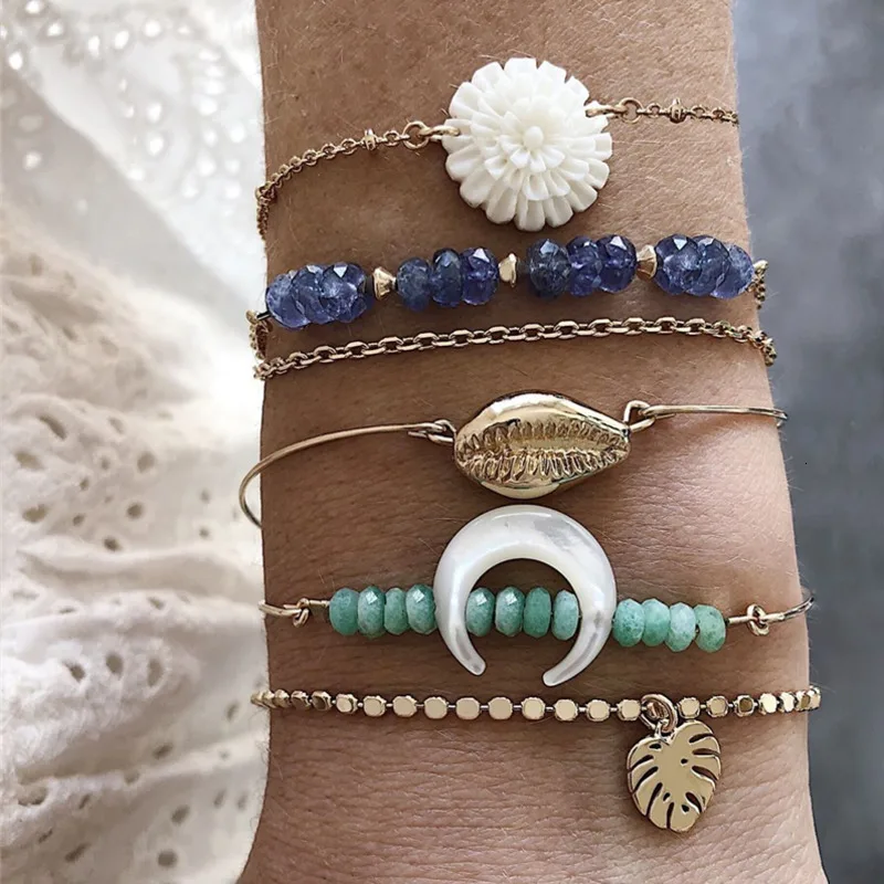 Модные ручной работы, со стразами бусины Браслеты& наборы браслетов для Для женщин Мода цветок Лунная ракушка браслеты-листья Женская Праздничная обувь ювелирные изделия
