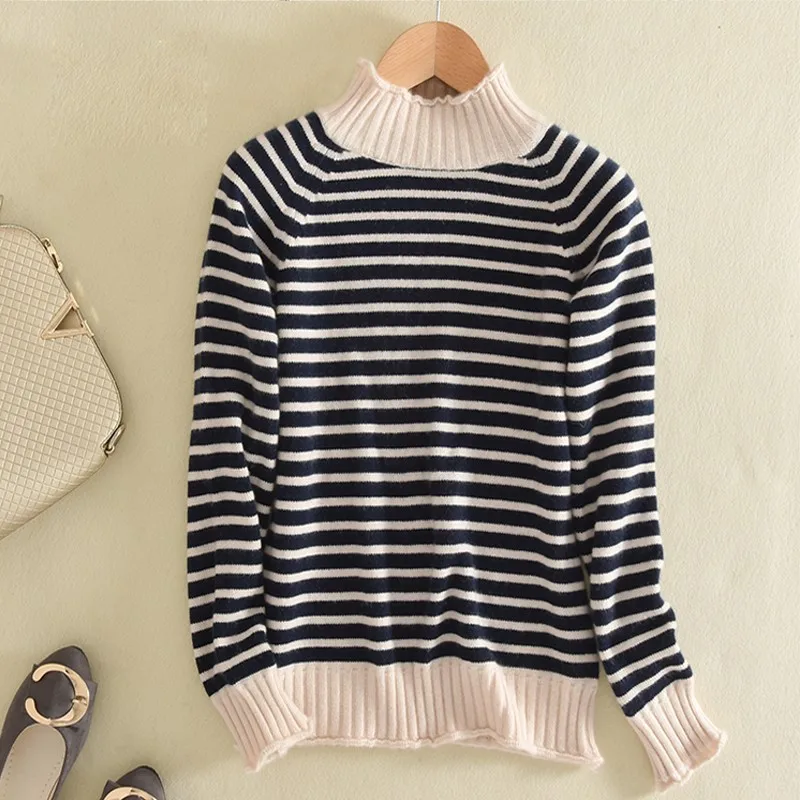 

2016 New Style Half-Turtle-Neck Women's Cashmere Sweater Pullover Thick Slim Fit Stripes Knitted Knit Low Waist Jersey