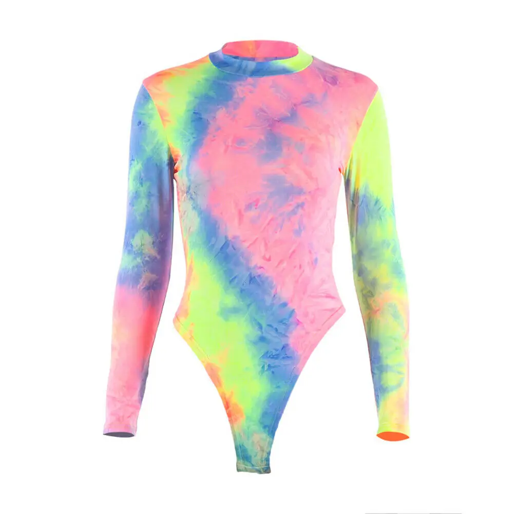 Multicolor Новые женские цветные печатные окрашивания с длинным рукавом О трико с длинным рукавом Повседневные многоцветные растягивающийся костюм боди - Цвет: Multicolor