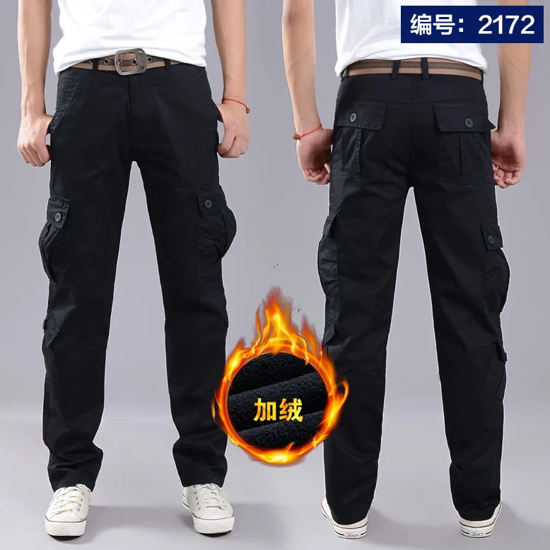 overalls warm winter with velvet thickening men casual pants pocket