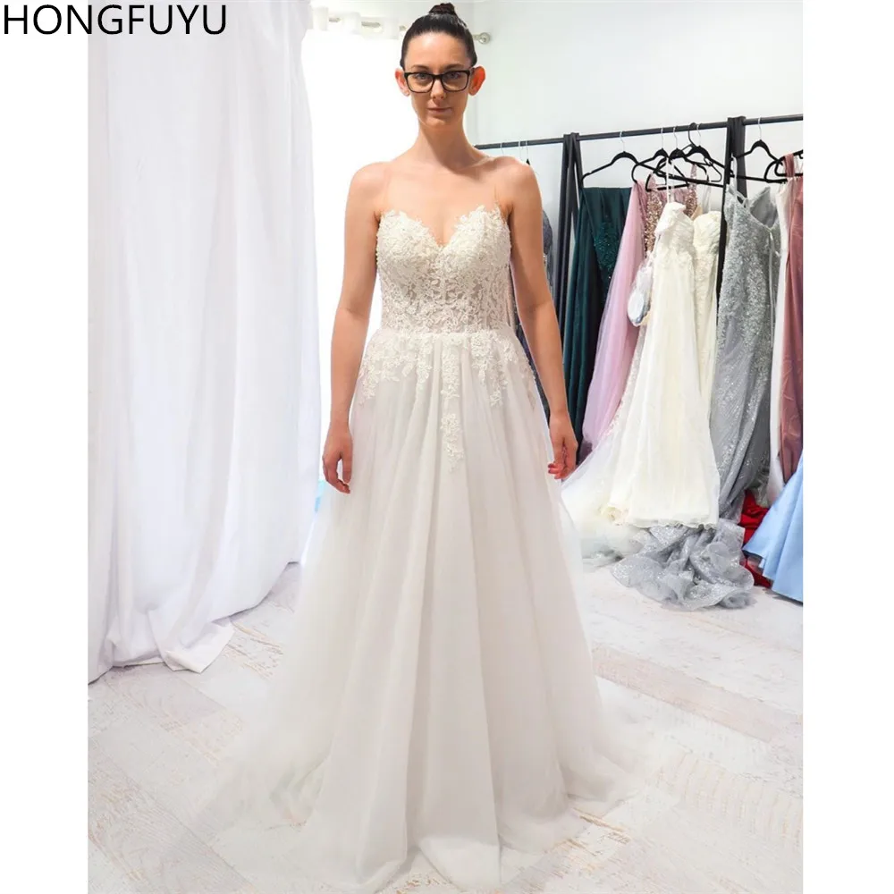 

HONGFUYU Simple A-line Chiffon Wedding Dresses 2021 Sleeveless Illusion Crew Neck vestido de noiva Appliques Lace Bridal Gowns