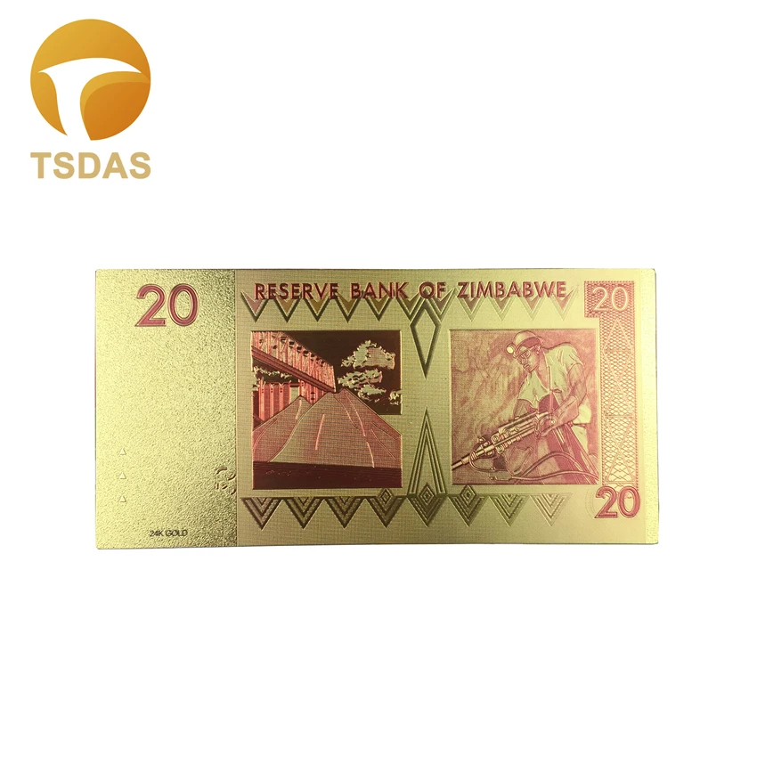 Цветные покрытые 24 каратным золотом фольгированные банкноты Зимбабве 20 долларов