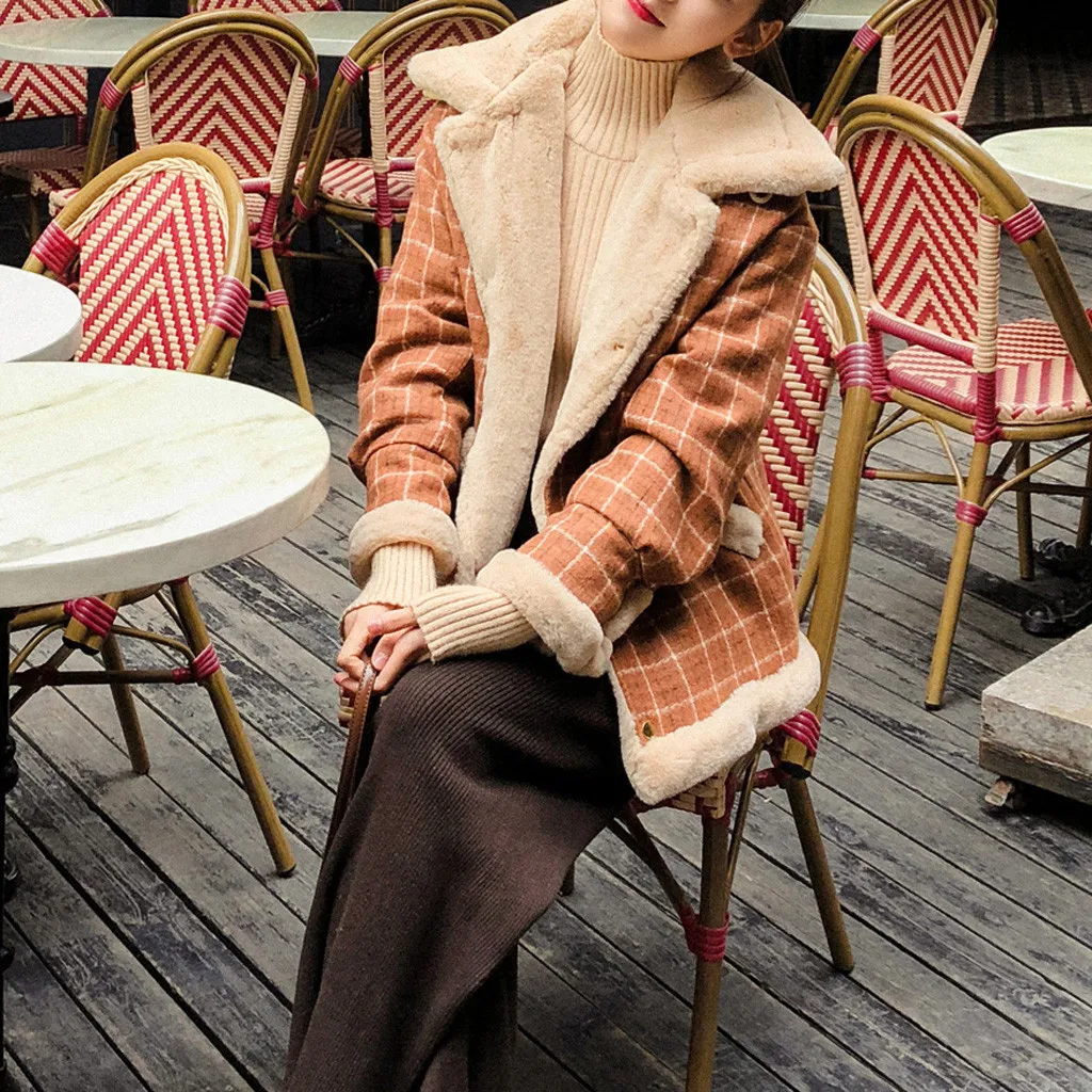 Женская зимняя куртка, модная новинка, Женская свободная Меховая куртка, женское плюшевое пальто, верхняя одежда, женское клетчатое пэтчворк плотное пальто#109