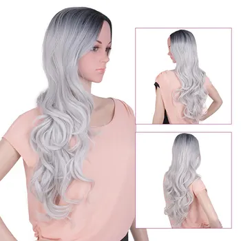 

Long Light Grey Ombre Natural Wave Style Wigs Heat Resistant Synthetic Wigs Middle Part Hair Cosplay Wigs for Women BY077