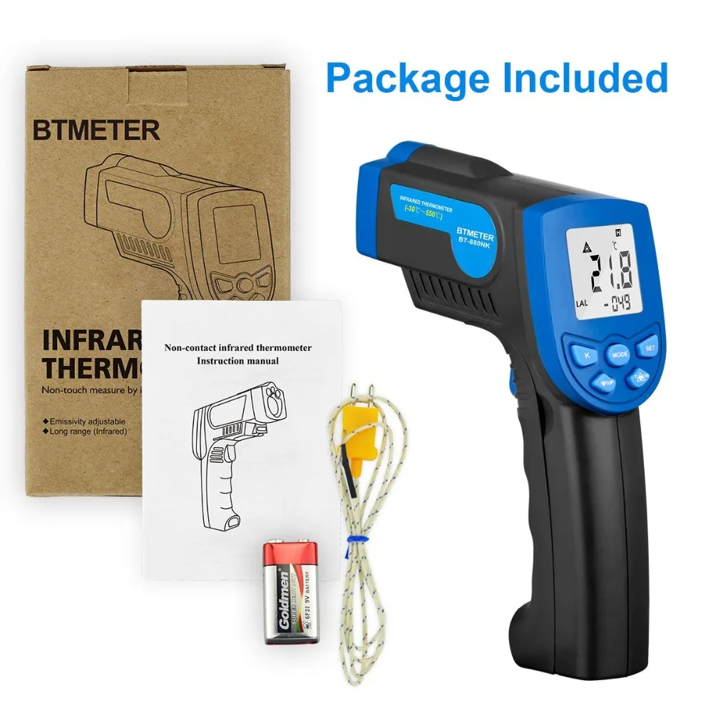 Цифровой инфракрасный термометр BTMETER BT-880NK, лазерный температурный пистолет-22 °F до 1022 °F(-30 ℃ до 550℃) с K типом