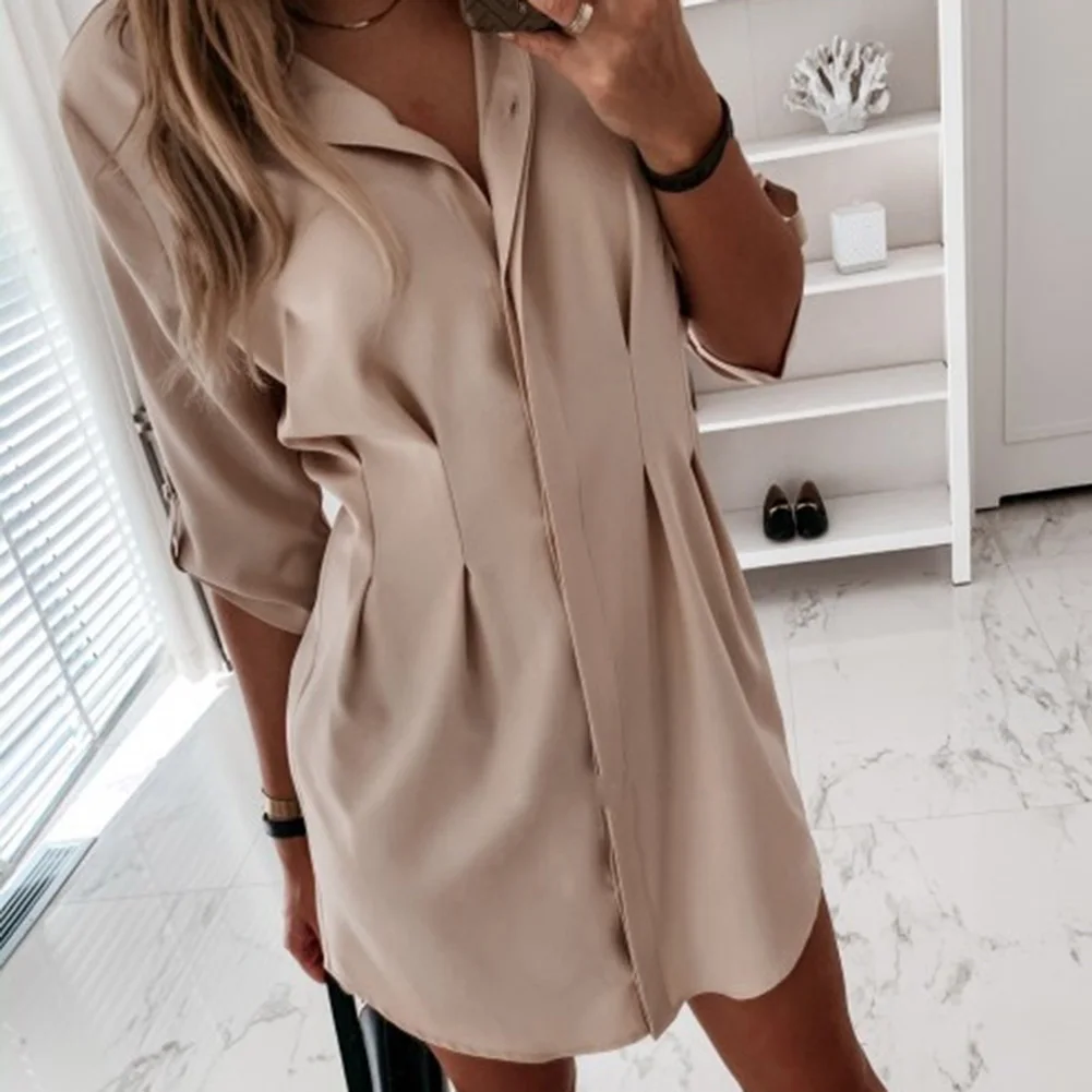 Women Casual 3/4 Sleeve Buttons Irregular Hem Stitched Waist Long Shirt Mini Dress