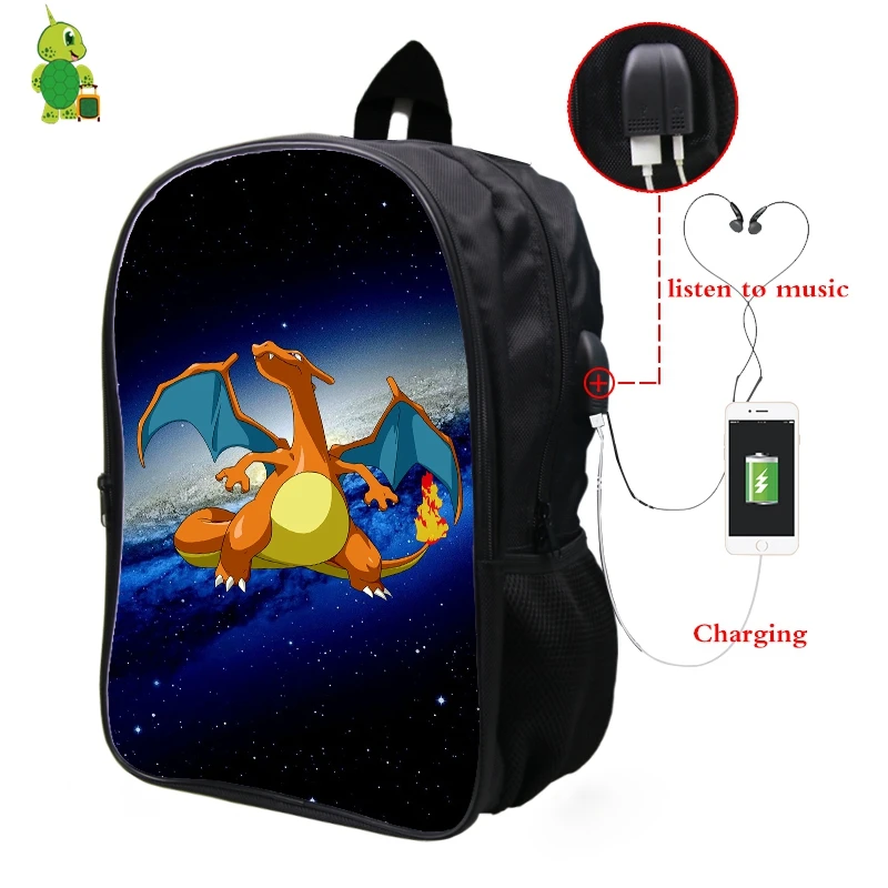 1 Pokemon Charizard Galaxy Космический рюкзак Многофункциональный USB зарядка Разъем для наушников школьные сумки для подростков мужчин и женщин повседневный рюкзак - Цвет: 1