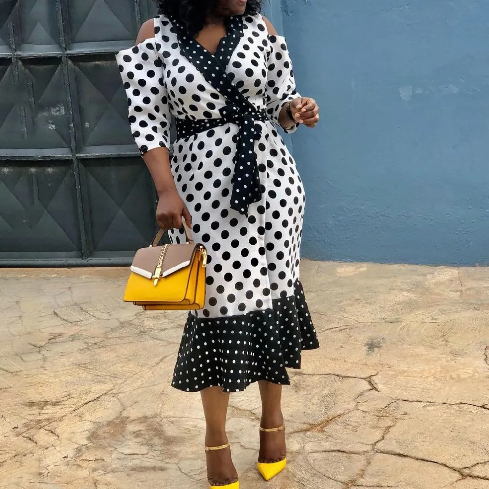 African Dress For Women White Polka Dot Printed Fall Winter New Lapel Temperament Office Dresses Elegant Work Wear Lady Vestidos