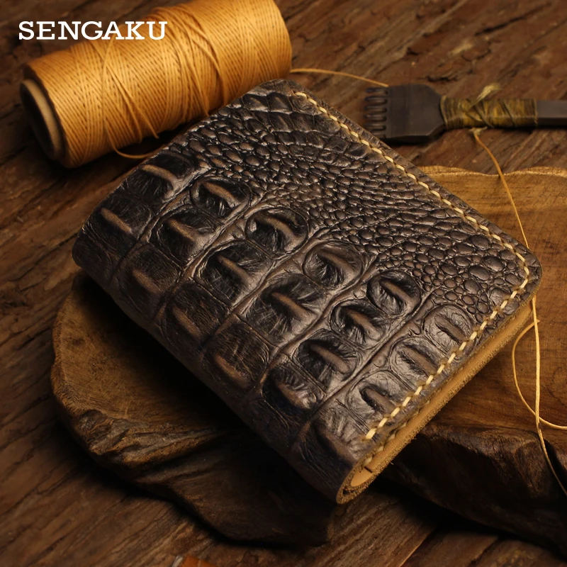 Handmade Genuine Leather Men's Wallet Women's wallet Crocodile Pattern Short Male's Purse With 6 Credit Card Slots Money | Багаж и