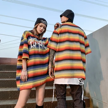

Multi-color Rainbow Graphic Tees Oversized Couple Shirts Goth Women Clothing Striped Couple Clothes Streetwear 2020 Fashion