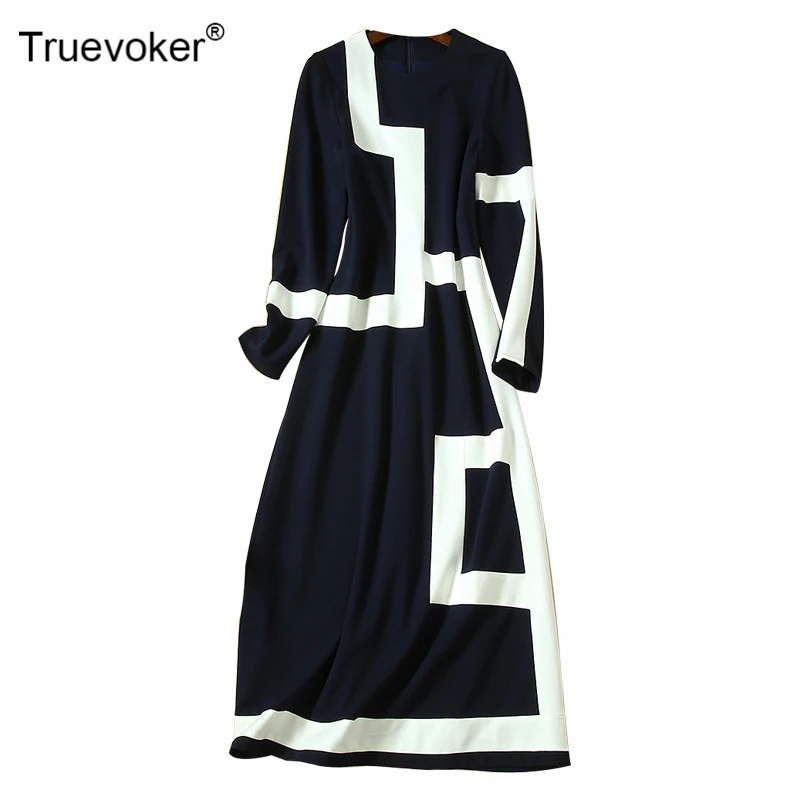 

Truevoker Autumn Designer Dresses Women's High Quality Long Sleeves Color Block Geometry Printed Mid Calf Vestidoes