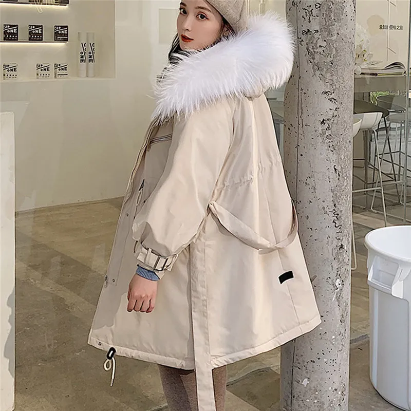 Женская парка пальто размера плюс Модное Новое зимнее теплое пальто куртки-пуховики с большим меховым воротником пальто с длинным рукавом с поясом 5