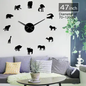 

Wildlife Animal African Animals Design Wall Sticker DIY Wall Art Large Wall Clock Mirror Effect Room Decor Time Clock