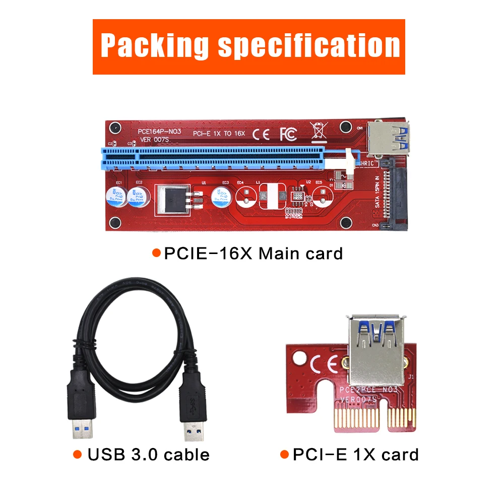 TISHRIC Riser Card VER007S PCI-E PCI Express 1x to 16x Extender Adapter 15Pin SATA to USB 3.0 Cable Power Mining Miner