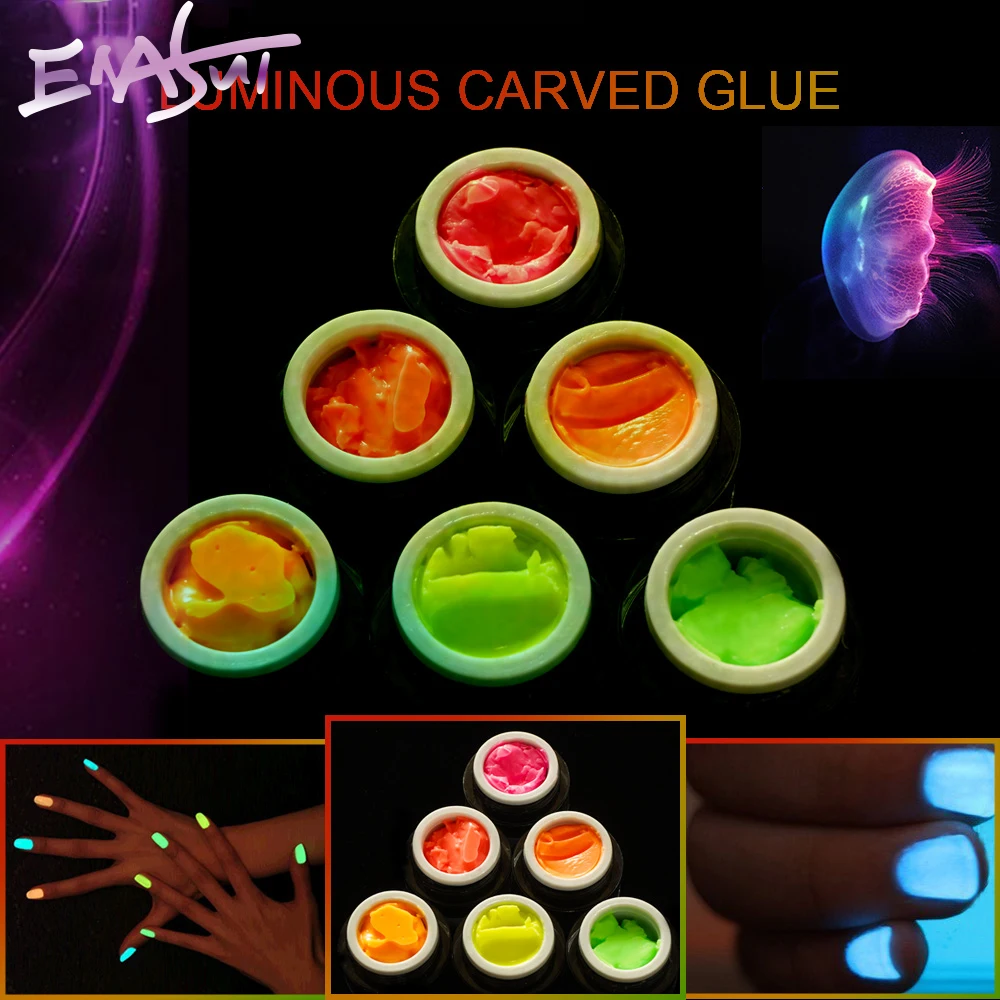 ENASUI 6Box Luminous Glue 3D Carved Patterns Gel Nail Varnish Soak Off UV Gel Polish Semi-permanent DIY Sculpting Nail Glue