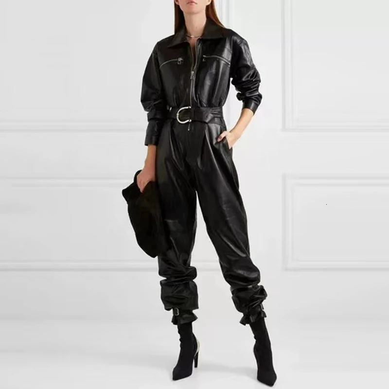 

Casual PU Leather Jumpsuits For Women Lapel Collar Long Sleeve High Waist Straight Jumpsuit Female Fashion 2019 New