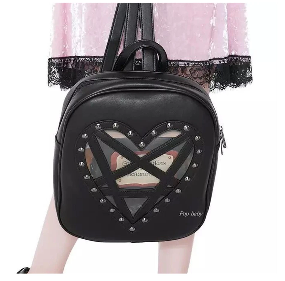 JIEROTYX, женский рюкзак из искусственной кожи, харджуку, готический, в форме сердца, с заклепками, в стиле панк, пентаграмма, средний, хорошее качество, черный, повседневная, рок сумка