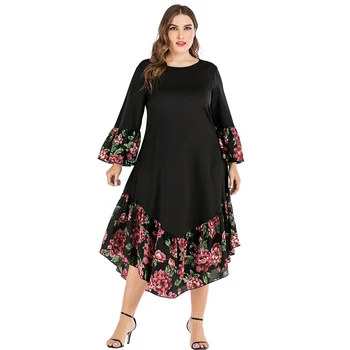 

Siskakia Plus Size Dresses Sweet Floral Patchwork Asymmetry Hem Midi Dress Elegant O Neck Flare Long Sleeve Spring 2020 New 4XL