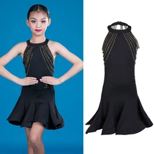 Детские платья для девочек латинская одежды для конкурса танцов без рукавов для сальсы, ча-ча, производительность пикантная бахрома платье BL2499