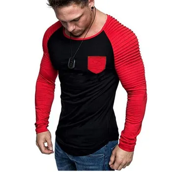 

ZHIJING Men's Casual Contrast Color Long-sleeved T-shirt Pleated Mixed Colors Slim Fit Men T Shirt