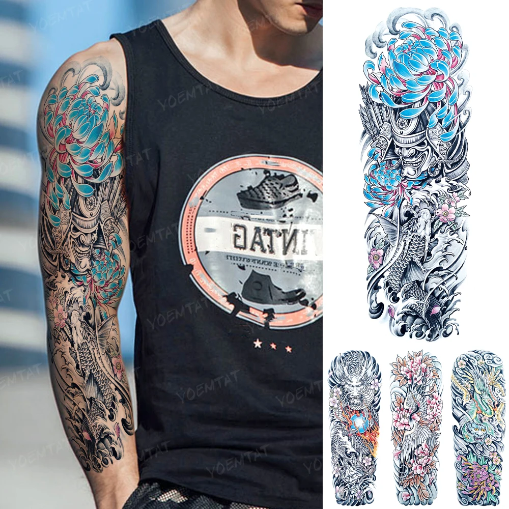 

Large Fake Sleeve Transfer Waterproof Temporary Tattoo Stickers Dragon Koi Prajna Chrysanthemum Traditional Tatto Men Women Arm
