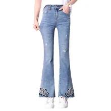 Loyalget/женские джинсы с вышивкой; большие размеры; женские Стрейчевые узкие джинсовые брюки; Дышащие Модные брюки нижнего белья