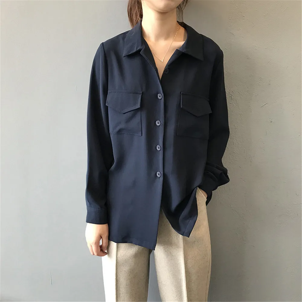 Autumn Solid Women Blouse 2019 Casual Lapel Double Pockets Blouse Shirt Flannel Shirts Female Long Sleeve Tops Y0576 (11)