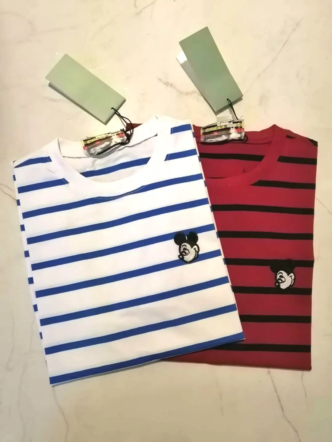 

2020 Spring Summer Women Stripe Cartoon Mickey Embroidery Short Sleeve T-shirt Round O Neck G1