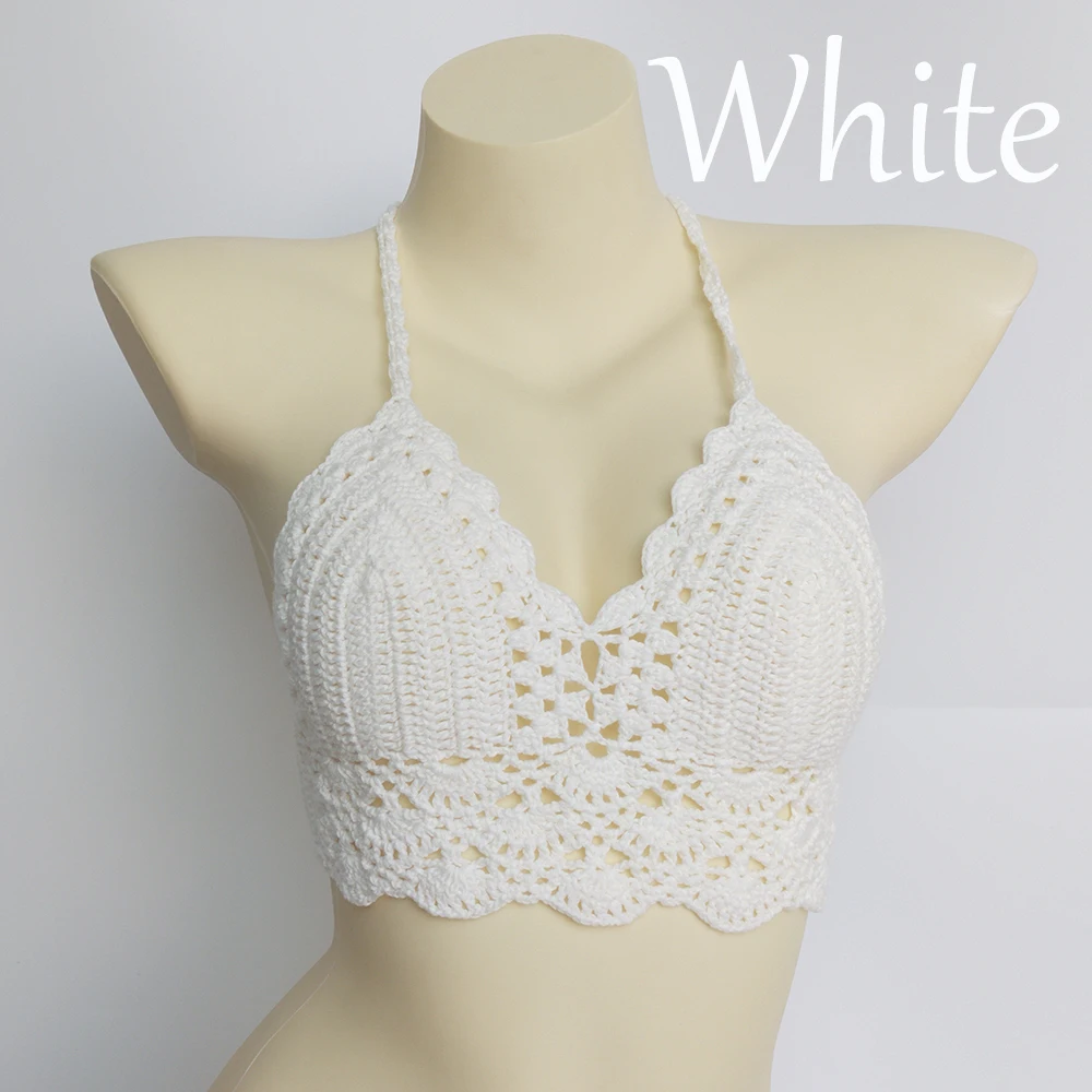 10 Colors Have Lining Womens Bikini Top Sexy Crochet Knit Separate Female Swimsuit Push Up Bra Beachwear Plus Size Bathing Suits - Цвет: white top